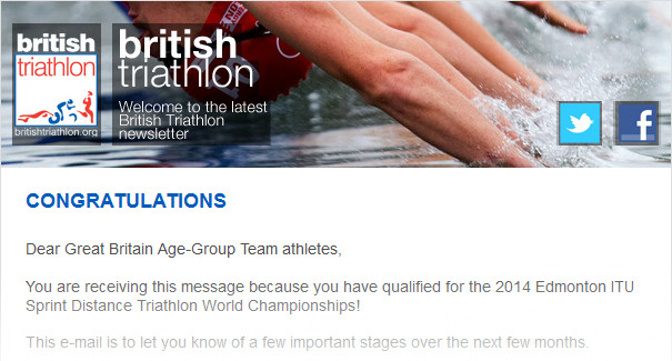 Congratulations - You have qualified for the 2014 Edmonton ITU Sprint Distance Triathlon World Championships